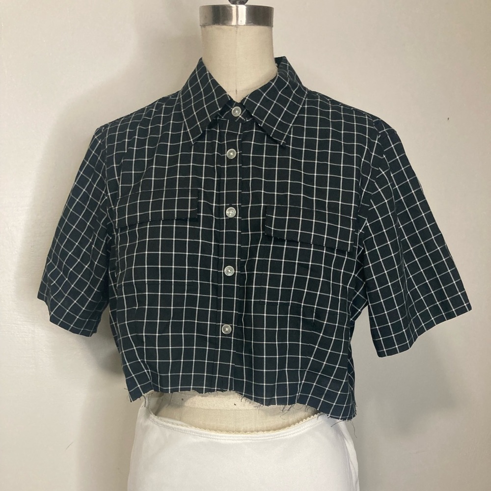 Vintage Cropped Grid Pattern Button Down Shirt - image 1